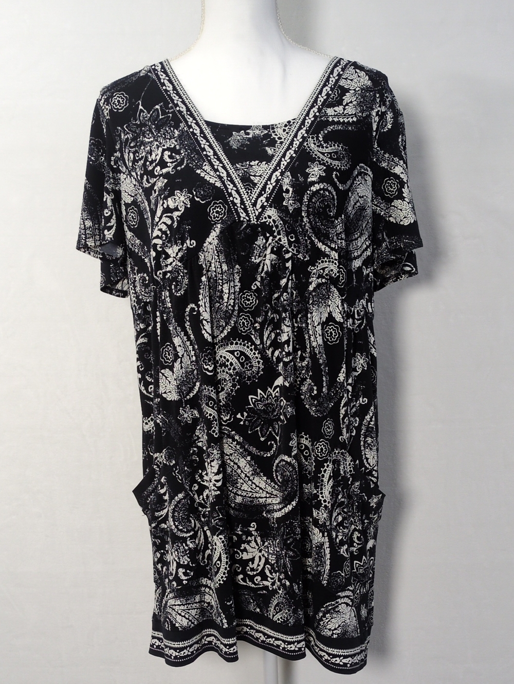 Style & Co Black White Paisley Short Sleeve Pocket Dress Large Boho